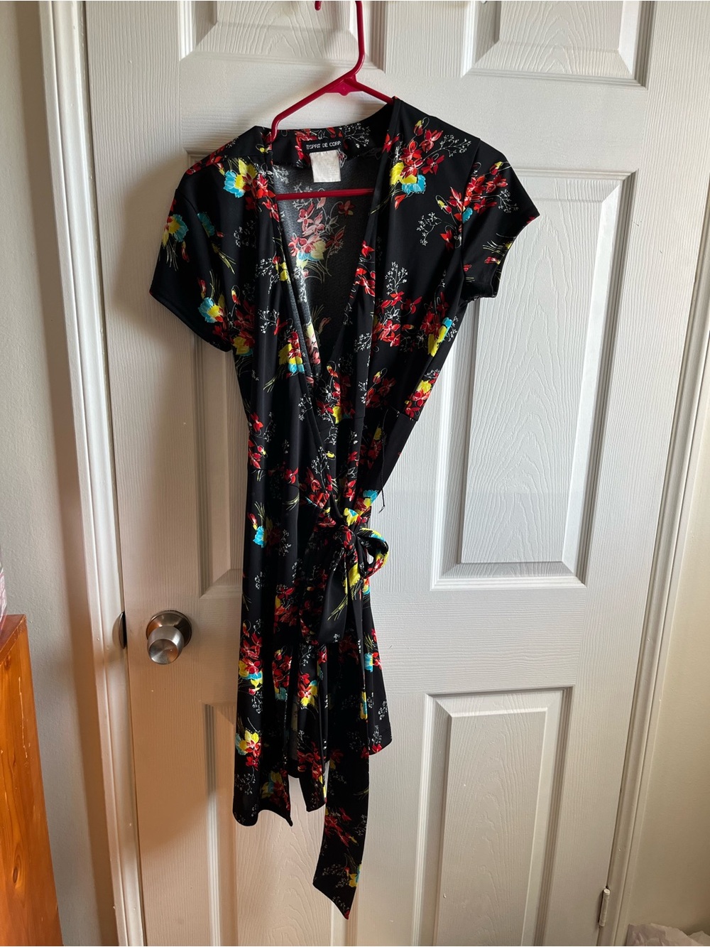 Black Floral Wrap Dress with Tie Waist and Short Sleeves